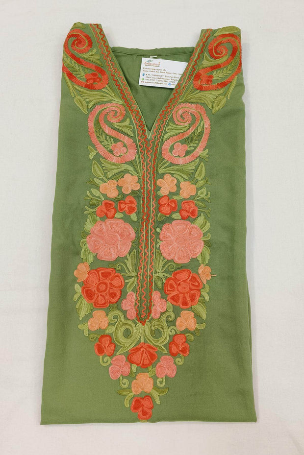 Cotton kurta in  green  with hand embroidered Kashmiri aari work