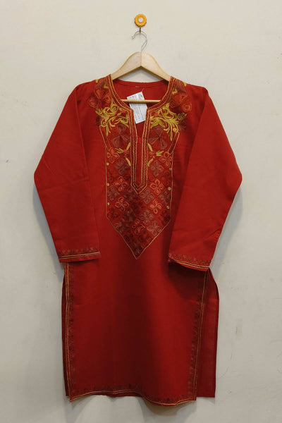 Cotton kurta in maroon  with hand embroidered Kashmiri aari work