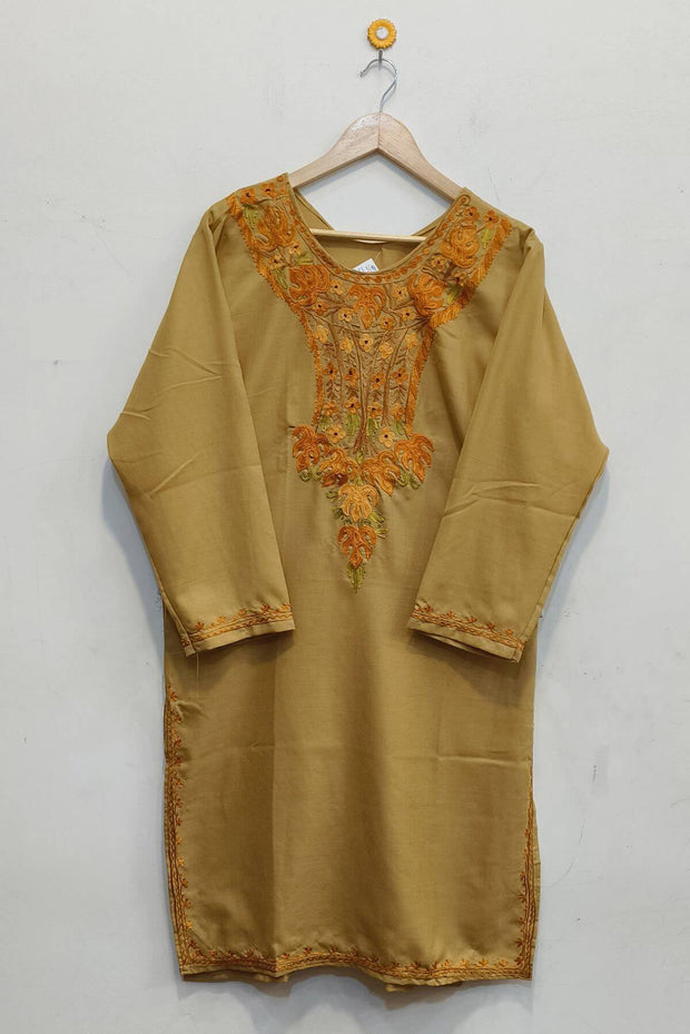 Cotton kurta in khaki brown  with hand embroidered Kashmiri aari work