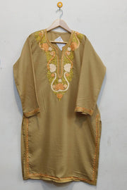 Cotton kurta in wheat brown  with hand embroidered Kashmiri aari work