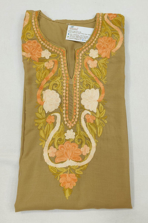 Cotton kurta in wheat brown  with hand embroidered Kashmiri aari work