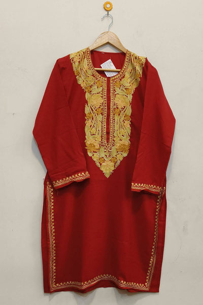 Cotton kurta in maroon  with hand embroidered Kashmiri aari work