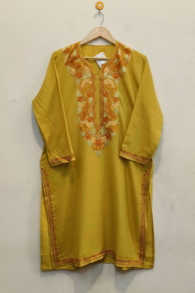 Cotton kurta in mustard green  with hand embroidered Kashmiri aari work