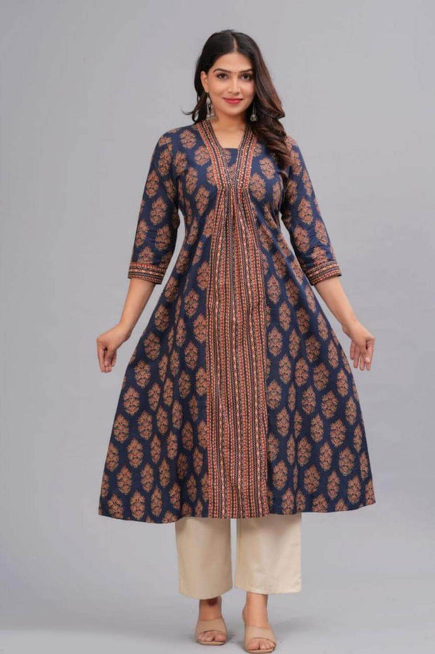 Cotton kurta in A line with frill in navy blue