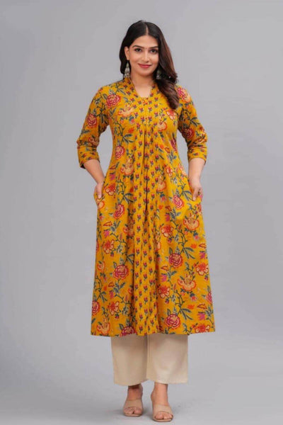 Cotton kurta in A line with frill in mustard