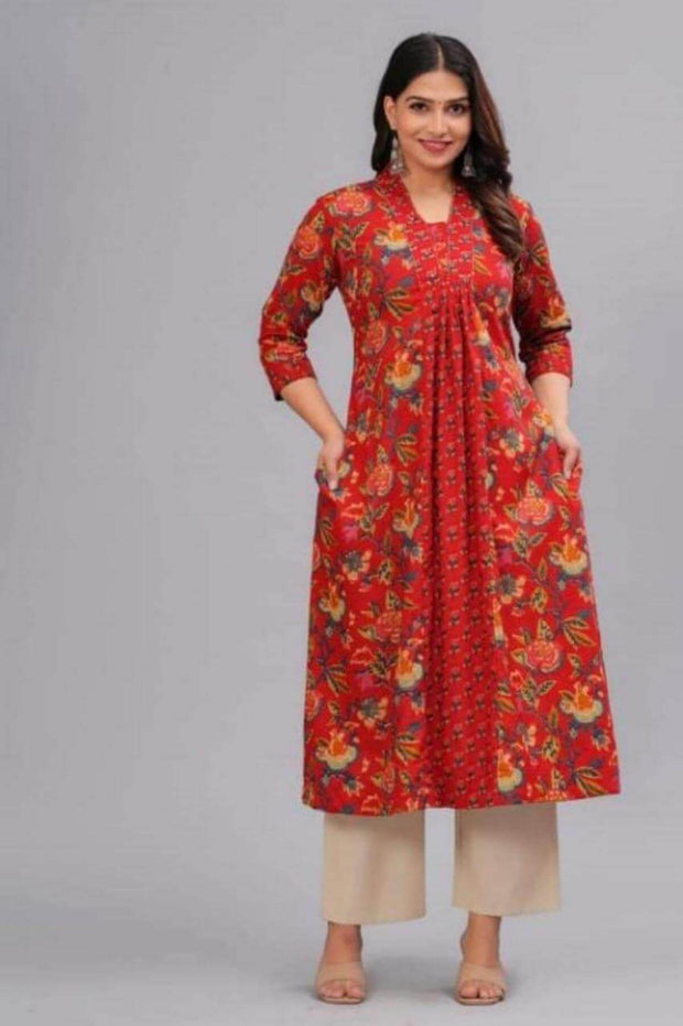 Cotton kurta in A line with frill in red