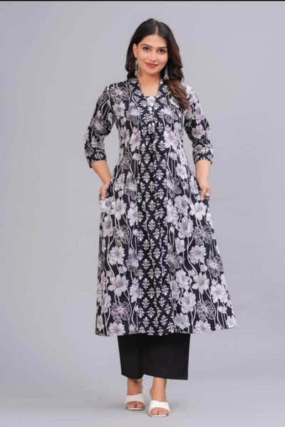 Cotton kurta in A line with frill in black & white