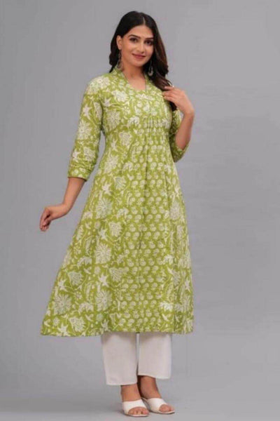 Cotton kurta in A line with frill in light green