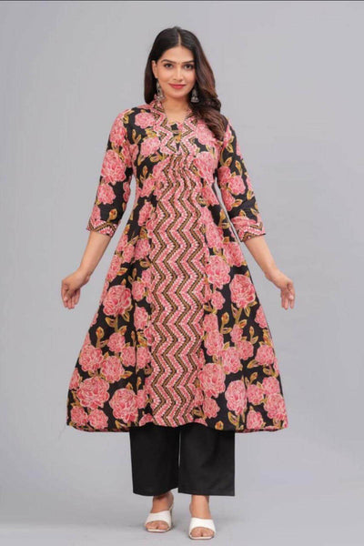 Cotton kurta in A line with frill in  black & pink