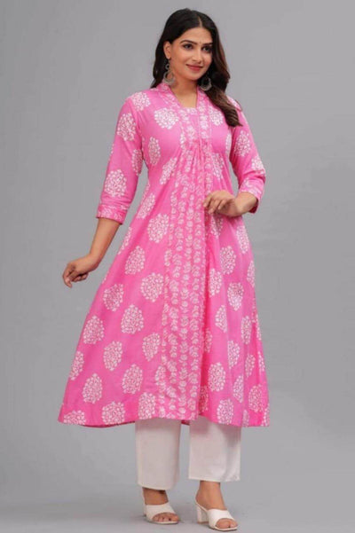 Cotton kurta in A line with frill in  pink