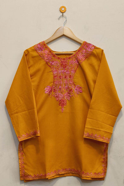 Cotton tunic in mustard with Kashmiri aari work