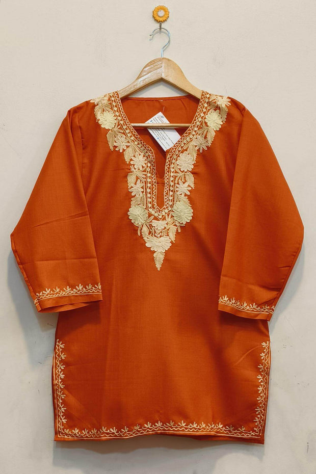 Cotton tunic in rust with  Kashmiri aari work