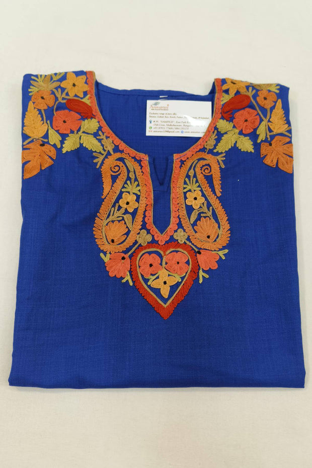 Cotton tunic in royal blue with  Kashmiri aari work