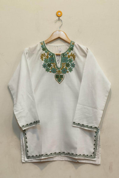 Cotton tunic in white with  Kashmiri aari work