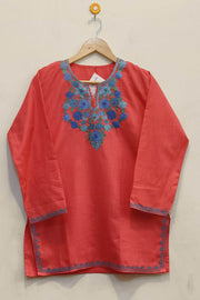 Cotton tunic in onion  pink with  Kashmiri aari work