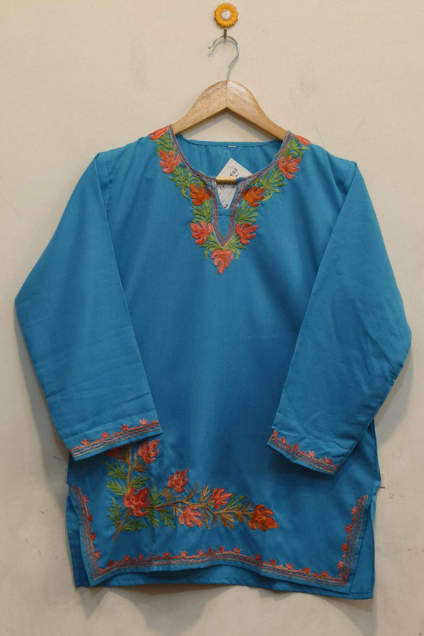 Cotton tunic in copper sulphate blue with Kashmiri aari work