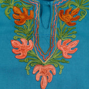 Cotton tunic in copper sulphate blue with Kashmiri aari work