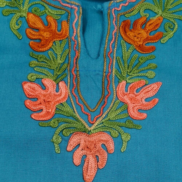 Cotton tunic in copper sulphate blue with Kashmiri aari work