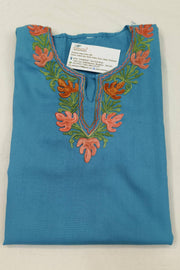 Cotton tunic in copper sulphate blue with Kashmiri aari work