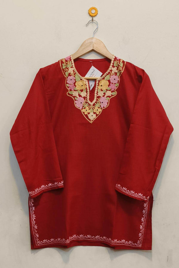 Cotton tunic in maroon with  Kashmiri aari work