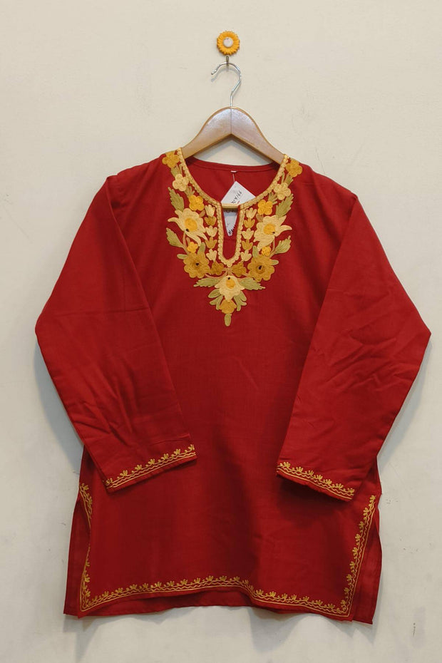 Cotton tunic in maroon with  Kashmiri aari work