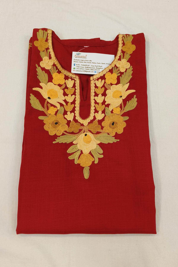 Cotton tunic in maroon with  Kashmiri aari work