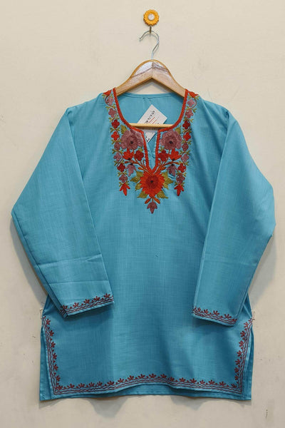 Cotton tunic in light blue with  Kashmiri aari work