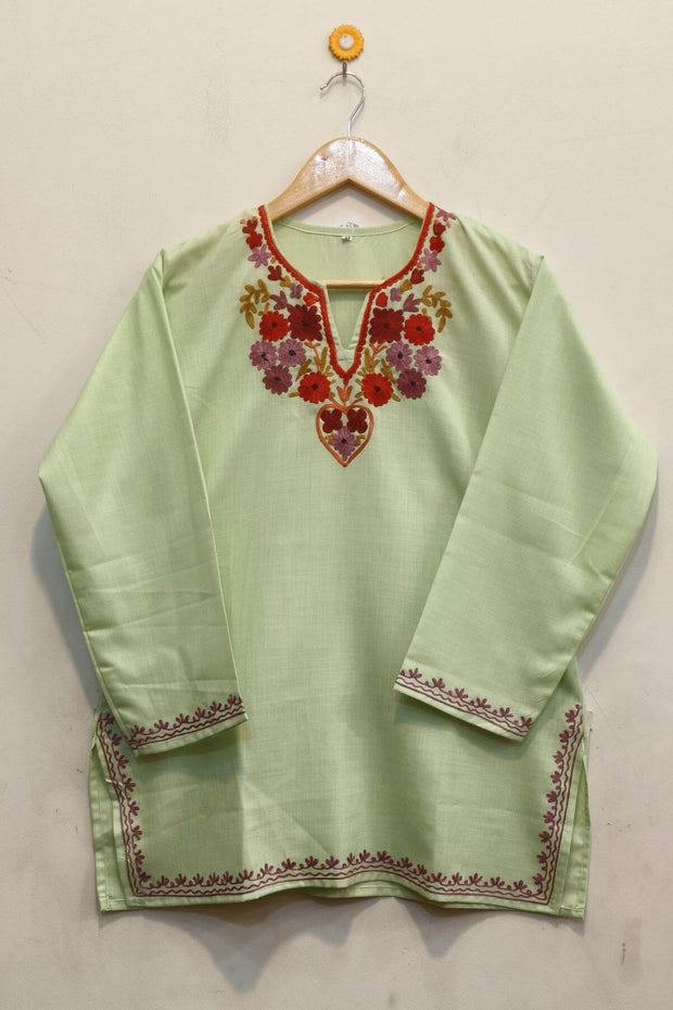 Cotton tunic in pista green with  Kashmiri aari work