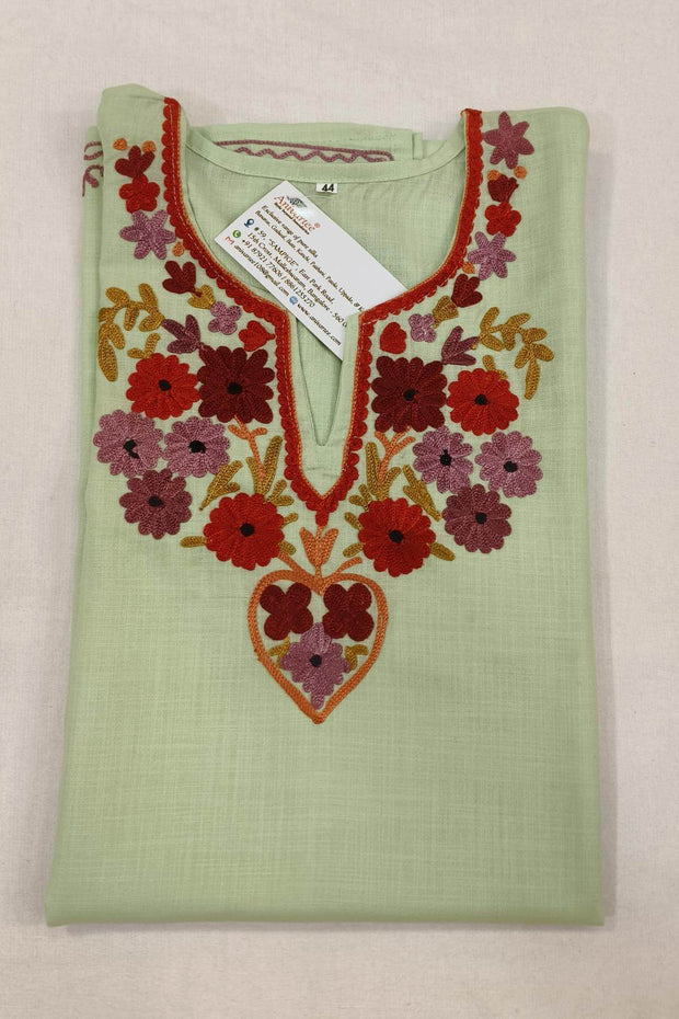 Cotton tunic in pista green with  Kashmiri aari work