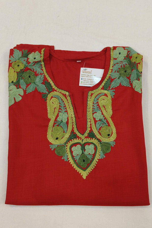 Cotton tunic in maroon with hand embroidery Kashmiri aari work