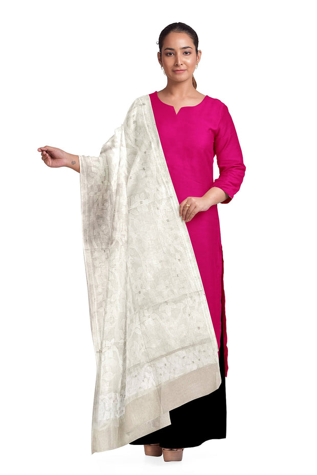 Muslin silk dupatta in white with all over jamdani weave