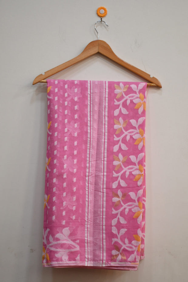 Handwoven jamdani silk cotton saree in pink and without blouse