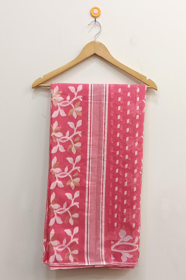 Handwoven jamdani silk cotton saree in strawberry pink  and without blouse