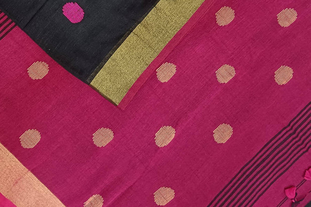 Handloom cotton saree in black & burgundy with polka dots &  tissue border