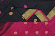 Handloom cotton saree in black & burgundy with polka dots &  tissue border