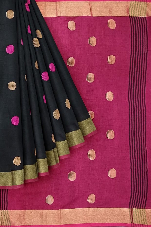 Handloom cotton saree in black & burgundy with polka dots &  tissue border