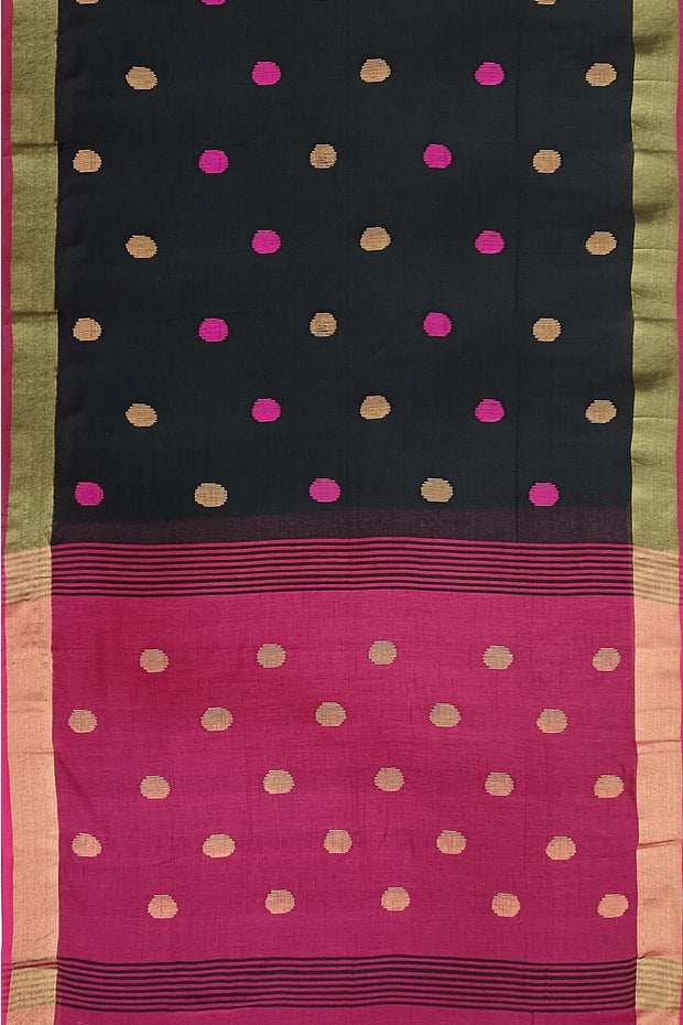 Handloom cotton saree in black & burgundy with polka dots &  tissue border