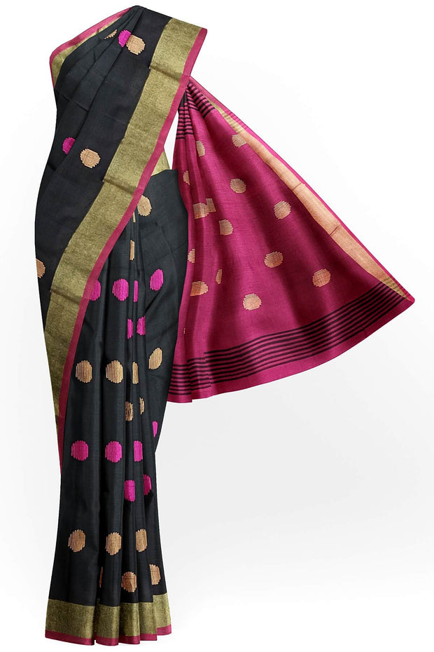 Handloom cotton saree in black & burgundy with polka dots &  tissue border