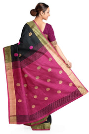 Handloom cotton saree in black & burgundy with polka dots &  tissue border