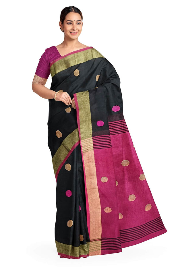 Handloom cotton saree in black & burgundy with polka dots &  tissue border