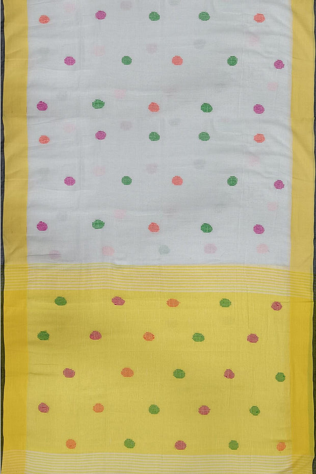 Handloom  cotton  saree  in white with polka dots &  tissue border