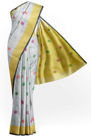 Handloom  cotton  saree  in white with polka dots &  tissue border