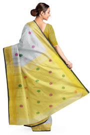 Handloom  cotton  saree  in white with polka dots &  tissue border