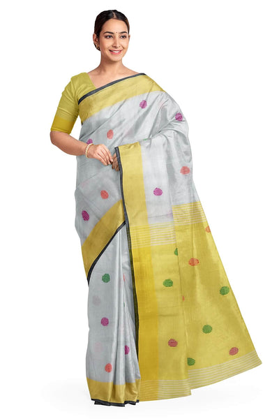 Handloom  cotton  saree  in white with polka dots &  tissue border