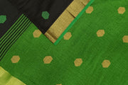 Handloom  cotton  saree in black &  green with polka dots &  tissue border