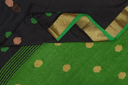 Handloom  cotton  saree in black &  green with polka dots &  tissue border