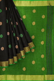 Handloom  cotton  saree in black &  green with polka dots &  tissue border