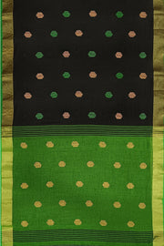 Handloom  cotton  saree in black &  green with polka dots &  tissue border