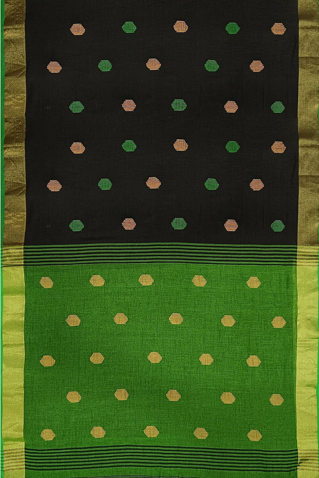 Handloom  cotton  saree in black &  green with polka dots &  tissue border