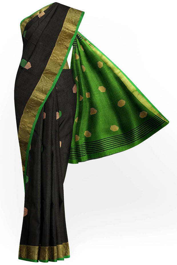 Handloom  cotton  saree in black &  green with polka dots &  tissue border